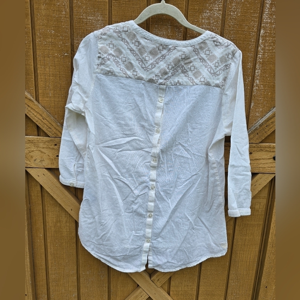 Kuhl Martina Blouse Women M Beige Aztec Print Quarter Sleeve Organic Cotton - Picture 4 of 6